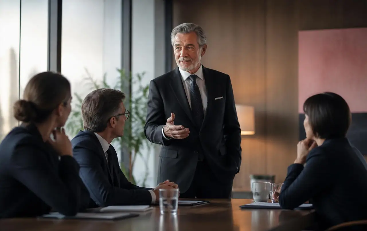 A senior operating executive leading a boardroom discussion — the fractional seat, in the room.