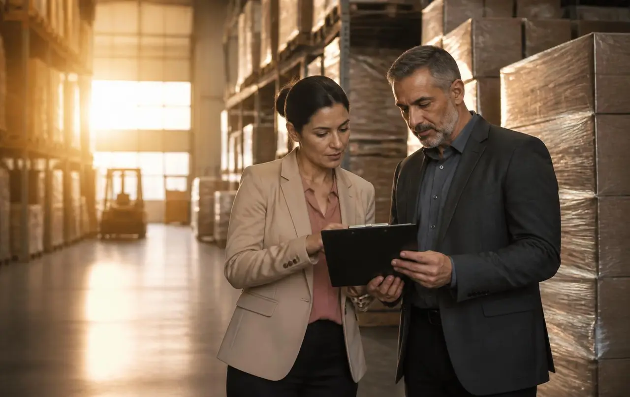 Two operating leaders reviewing a distribution-center walk-through at golden hour.