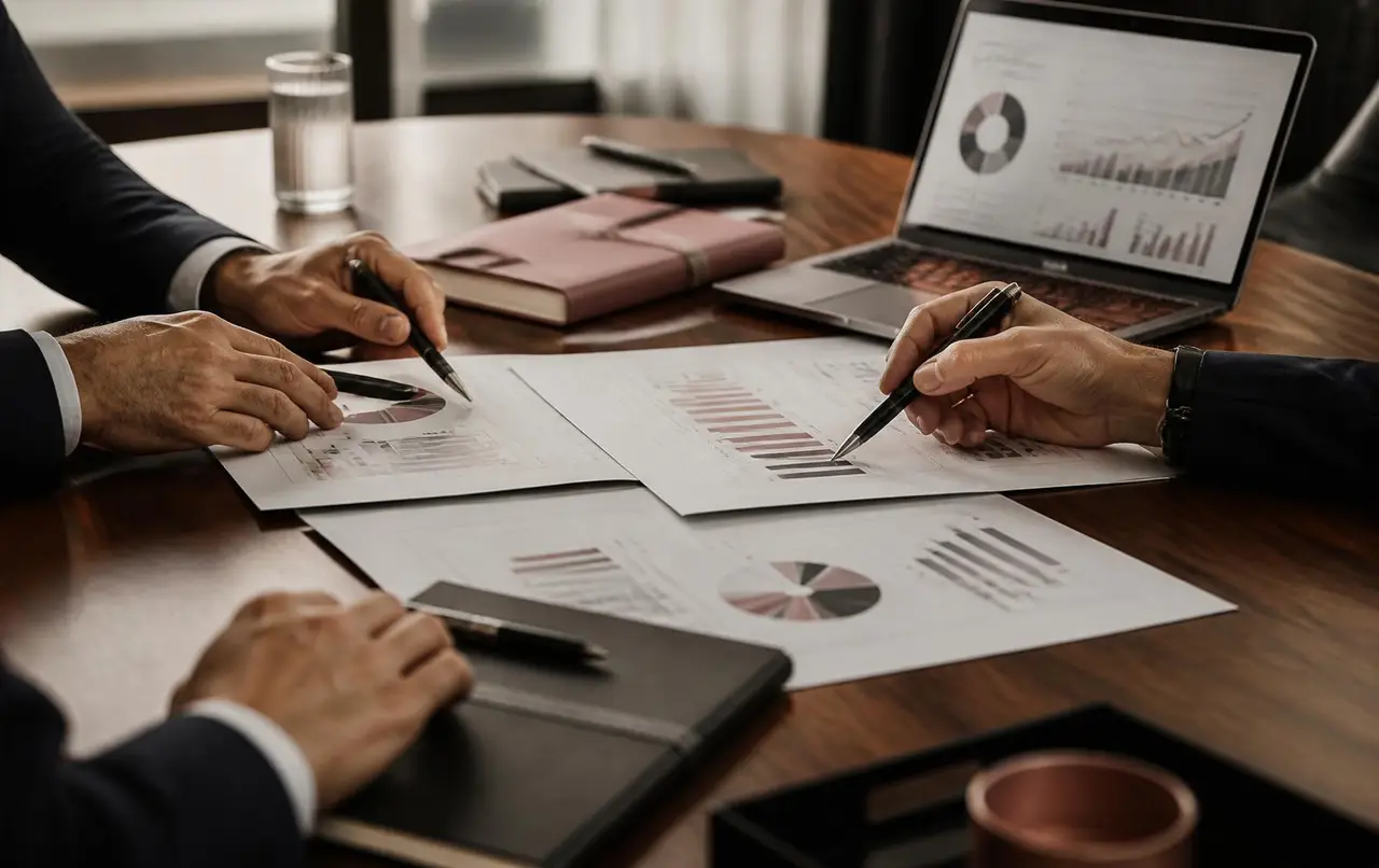 Executives reviewing operating KPIs and a laptop dashboard on a walnut boardroom table.