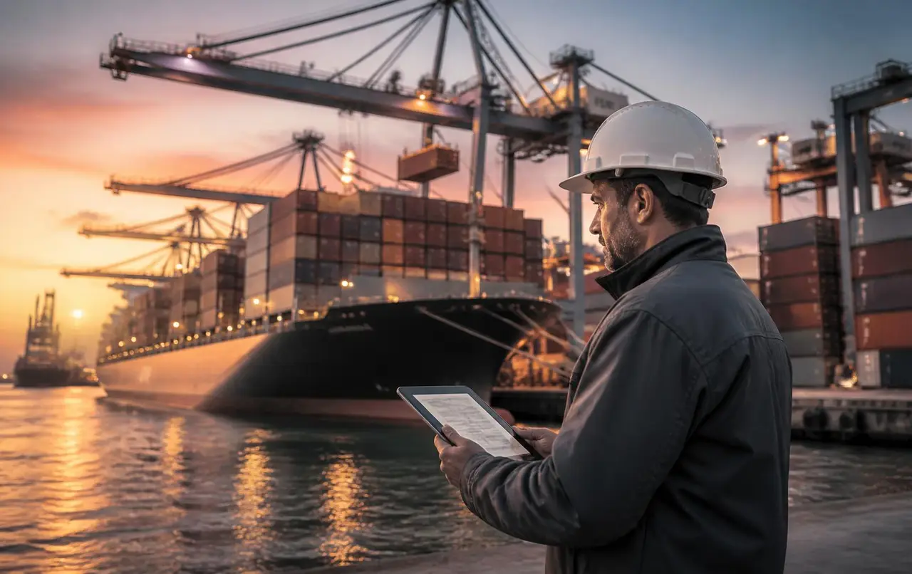 Operating leader at a container port at dusk reviewing shipments on a tablet — global supply chain in motion.