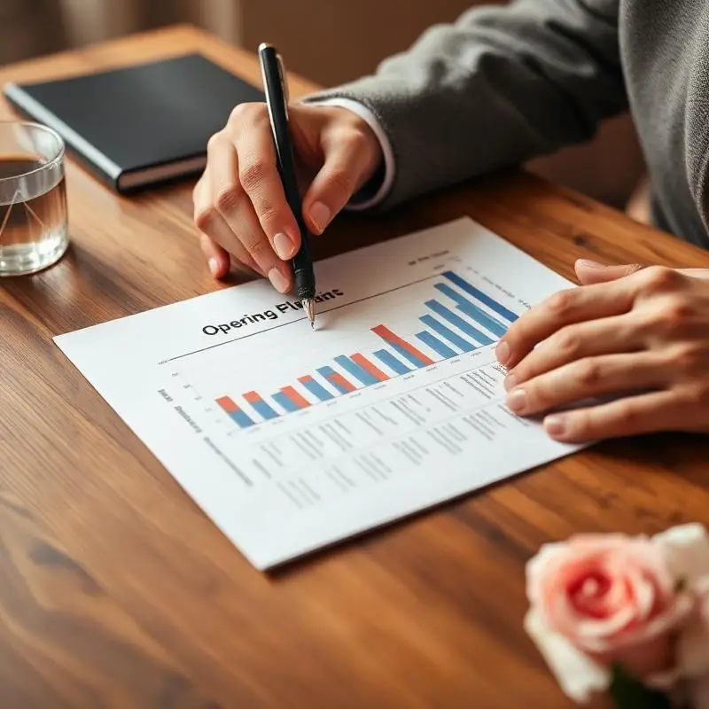 Hands reviewing a printed operating plan with a pen over KPI charts.