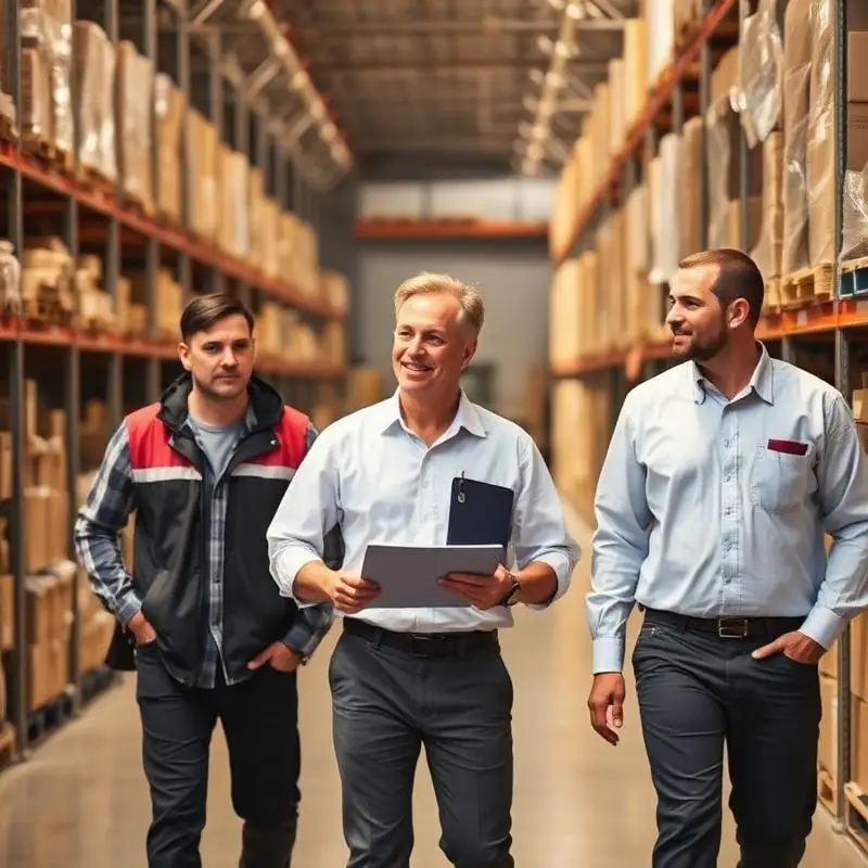 Operating leader walking a warehouse aisle mid-conversation with the team.