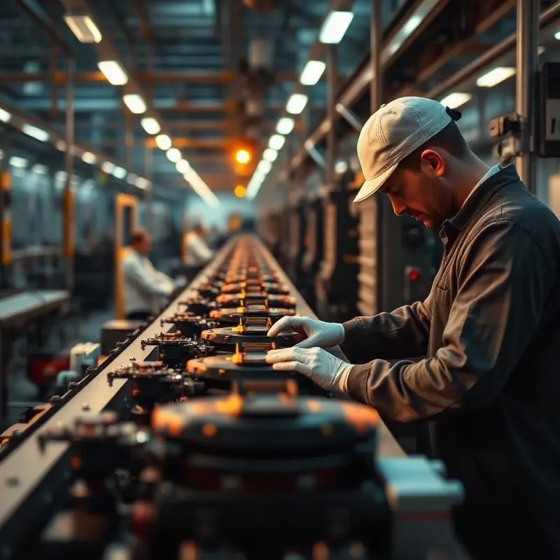 Operator inspecting parts on a running assembly line.