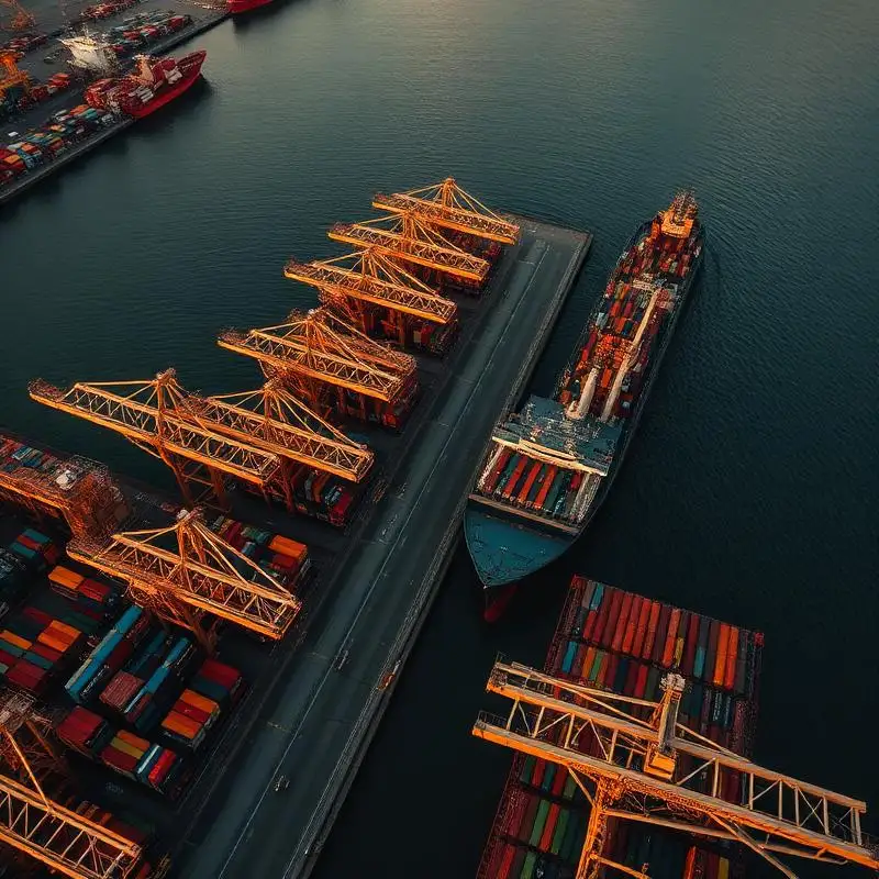 Aerial view of a global container port at golden hour.