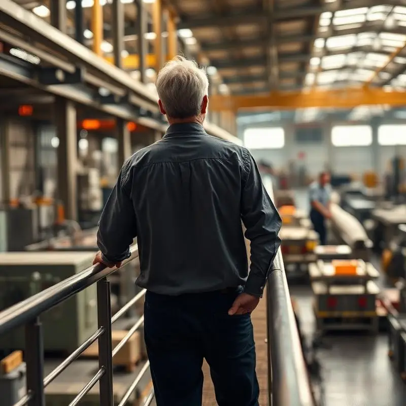 Operating executive on a factory mezzanine, watching production run to plan.